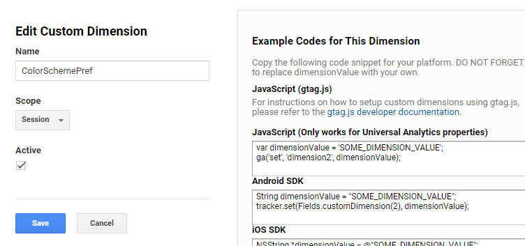 Google Analytics Dimension - Color Scheme Pref