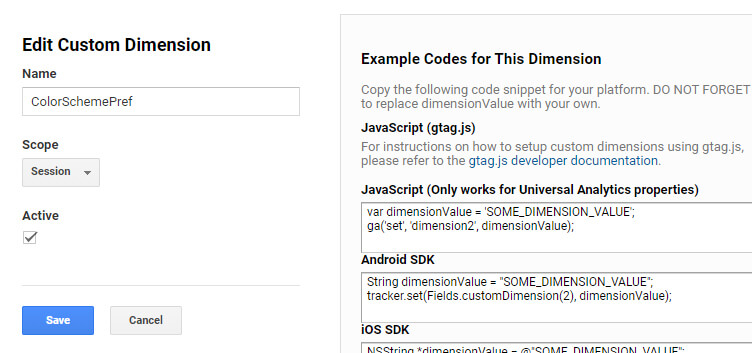 Google Analytics Dimension  - Color Scheme Pref